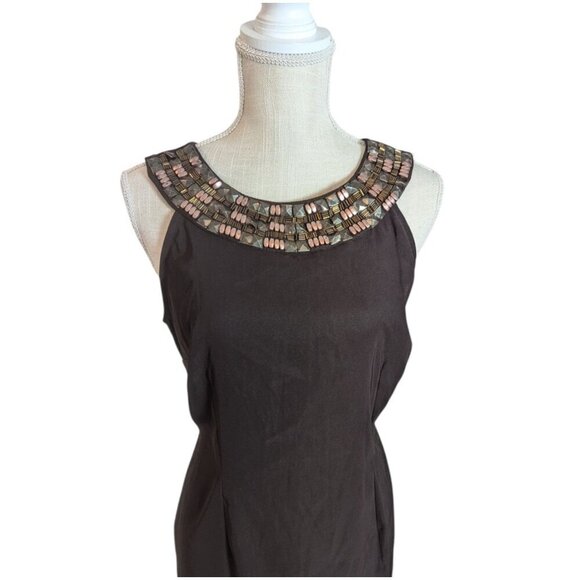 VTG Connected Dark Brown Sleeve-less Sheath Dress Petites Sz 12 Studded Neckline - Picture 2 of 3